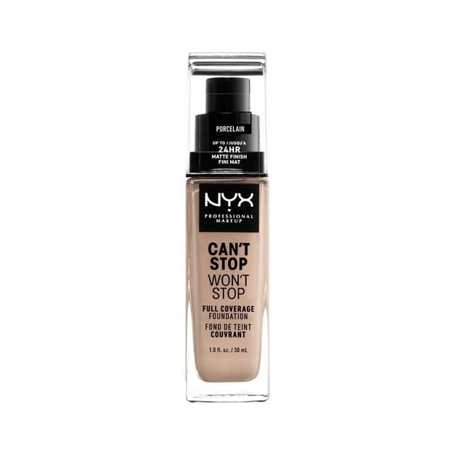 Full Coverage Foundation Can't Stop Won't Stop by NYX Professional Makeup in Porcelain shade, 30 mL waterproof liquid foundation with matte finish lasting up to 24 hours, offering full coverage and shine control for normal to sensitive skin.