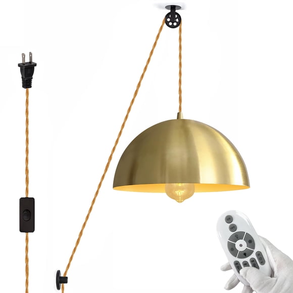 FSLiving Dimmable Pendant Lighting Swag with Industrial Pulley Design 15ft Plug-in Cord with Wheel Copper Dome Shape with Remote Control Color Changing Timing Lamp for Sloped Ceiling - 1 Pack