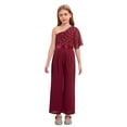 thumbnail image 1 of Sinleey Girls Ruffled Sequins Jumpsuit One Shoulder Wide Leg Long Pants Romper Wedding Prom Playsuit Burgundy 14, 1 of 6