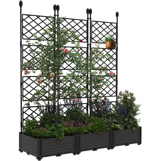 3 PCS Raised Garden Bed Kit with Trellis - Lightweight Plastic Planter Box, Vertical Garden Privacy Screen - For Climbing Plants, Vegetables, Flowers - Balcony, Patio, Backyard
