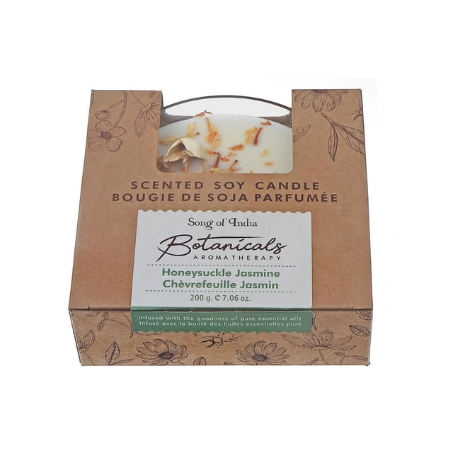 Botanicals Bougie en Pot de Soja Parfumée d'Aromathérapie Chèvrefeuille Jasmin par Chant de l'Inde dans une Boîte Brune à Imprimé Floral avec une Fenêtre Montrant la Bougie Blanche Surmontée de Pétales de Fleurs Séchées, 200 g 7,06 oz, Infusée d'Huiles Essentielles Pures pour une Atmosphère Apaisante à la Maison.
