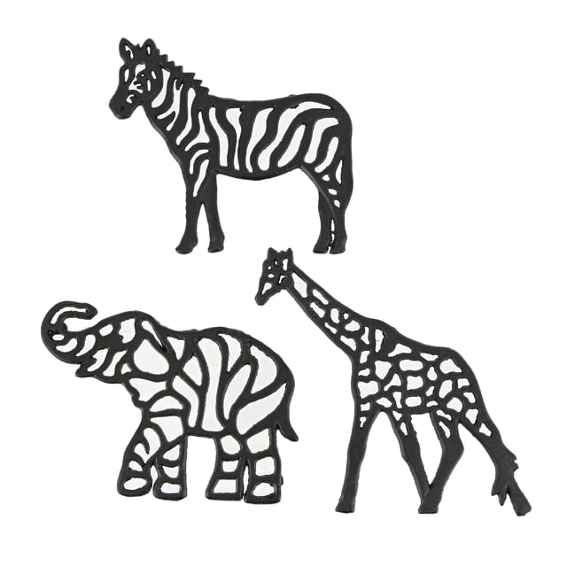 Set of 3 Cast Iron Trivets, 9.5 Inch Safari Animal Designs