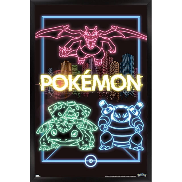 Pokémon - Neon Group Wall Poster, 14.725" x 22.375" framed featuring neon outlines of Charizard in pink flying above a multicolored city skyline, with green Venusaur and blue Blastoise below, all set on a black background with a blue neon border and a Poké Ball icon at the bottom, suitable for vibrant home décor or themed party decoration.