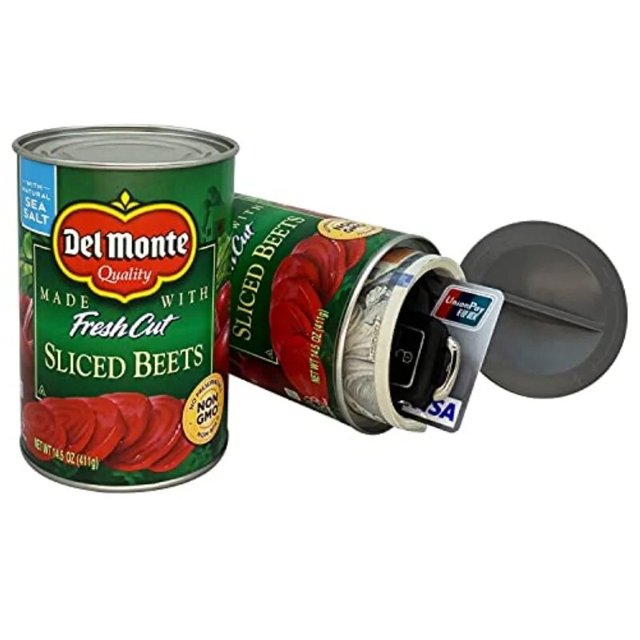 Hidden Safe Compartment Diversion Safe Food Cans Secret Stash Hiding Container by Senbaidali, designed to resemble a Del Monte sliced beets can. The can features a removable lid revealing a hidden compartment suitable for storing cash, keys, or small valuables. The exterior mimics a standard food can with a green label and red beet imagery.