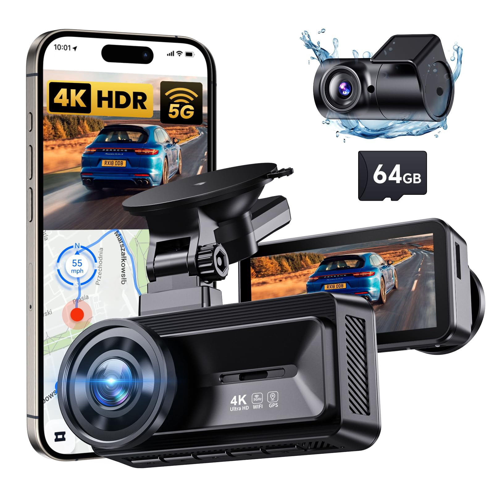 COOLCRAZY Dash Cam Front Rear - 4K+1080P Full HD Dashcam Free 64GB Card, with 5G WiFi GPS, Dual Dash Camera for Cars with 3" IPS Screen, Night Vision