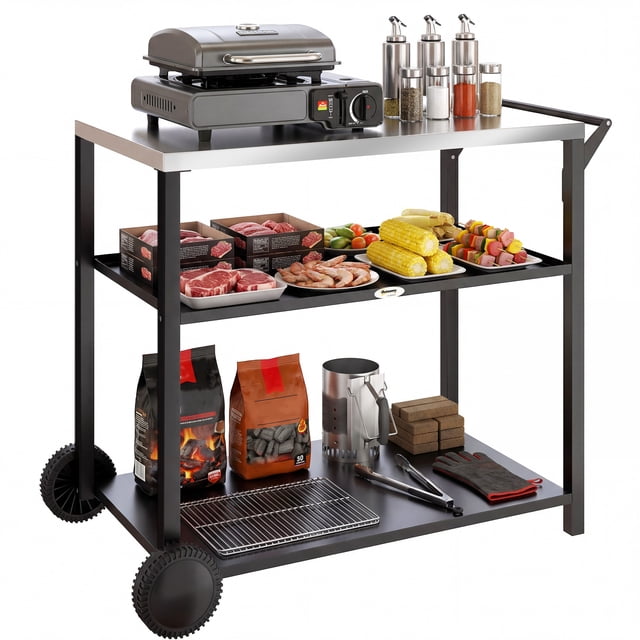 Outsunny Outdoor Grill Cart, Three-Tier Pizza Oven Stand, Black