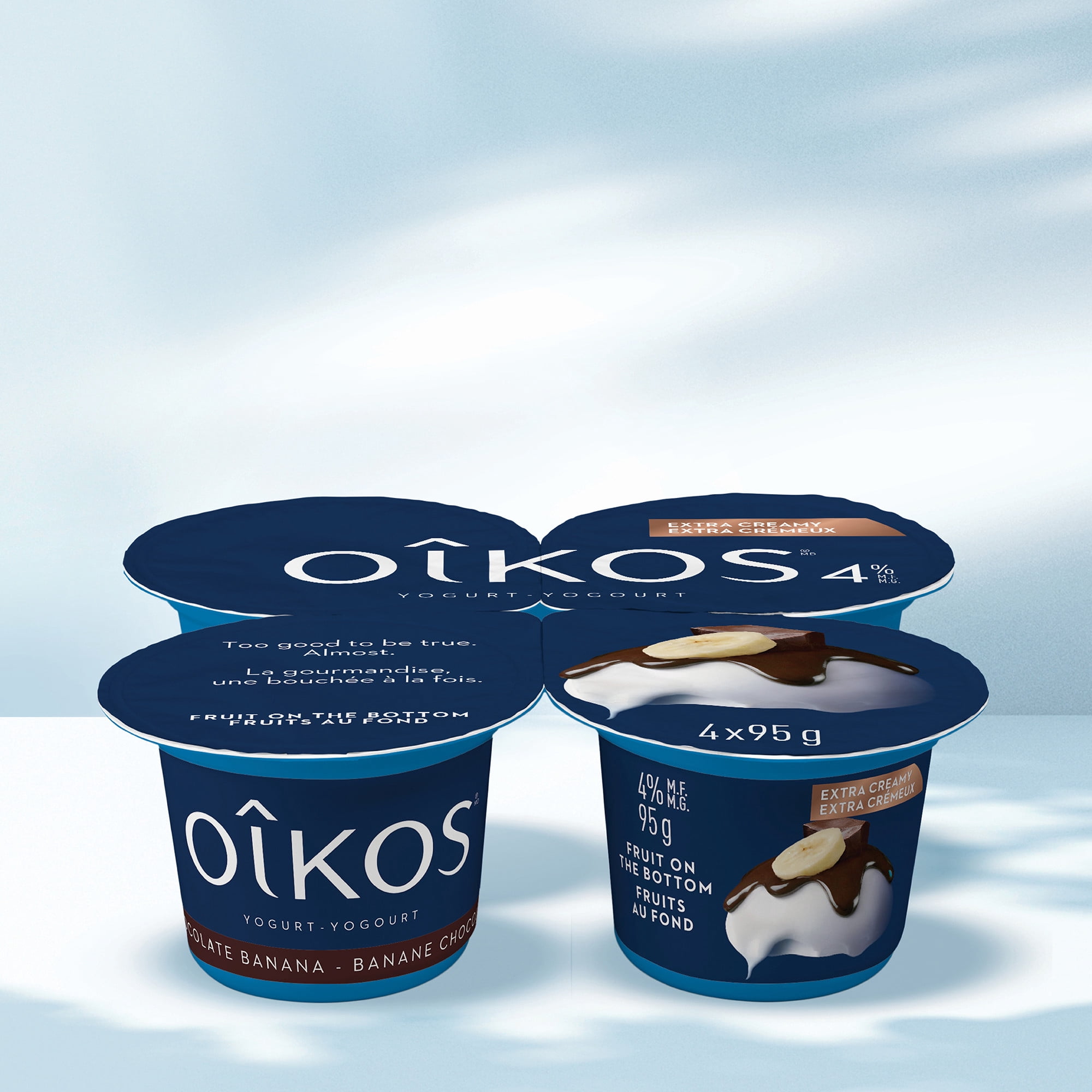 Oikos Extra Creamy Yogurt, Banana Chocolate, Blended, 4% M.F, 4x95g