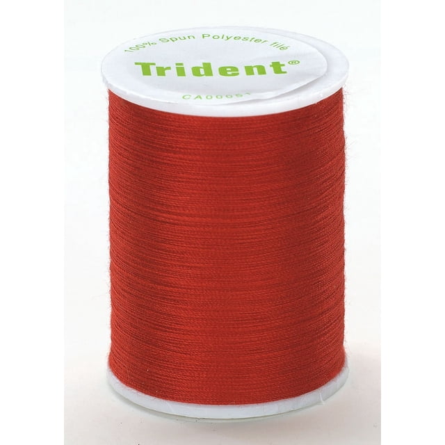 Coats & Clark™ Trident Polyester Thread spool in red, featuring tightly wound 100% spun polyester thread suitable for cotton and synthetic fabrics, with a white top label printed in green, set against a white background. This sewing thread is also often used for craft projects requiring durable, colorfast thread.