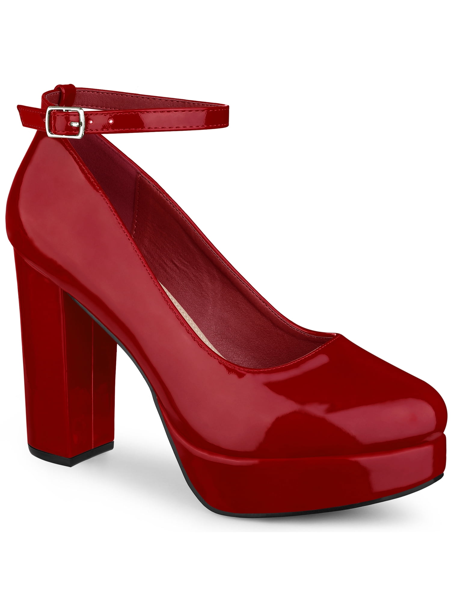 BLISSFUL STEP Escarpins à Talon Bloc pour Femmes Plateforme Bride à la Cheville Bout Rond Talon Rouge 11