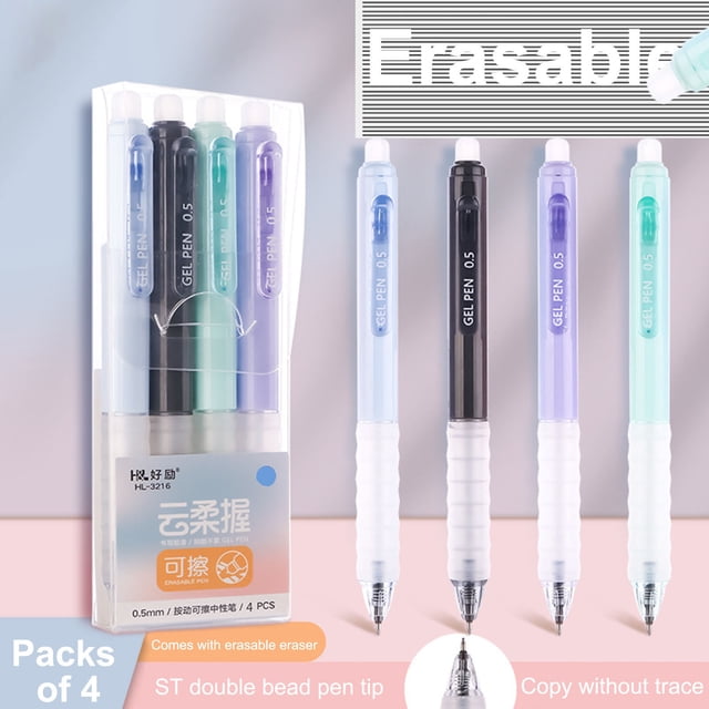 Cagogo Erasable Pen Refills, 0.5mm Click Retractable Refill Cartridges, Blue and Black Erasable Ink, Friction Eraser, for Study Supplies, Office Stationery, Homework and Note Taking, 4-Pack