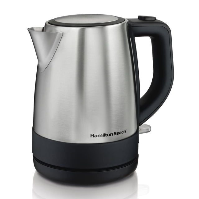 Hamilton Beach 1L Stainless Steel Electric Kettle with brushed stainless steel body, black cool-touch handle, cordless 360-degree swivel base, automatic shutoff, and water-level window, suitable for fast boiling and cordless serving.