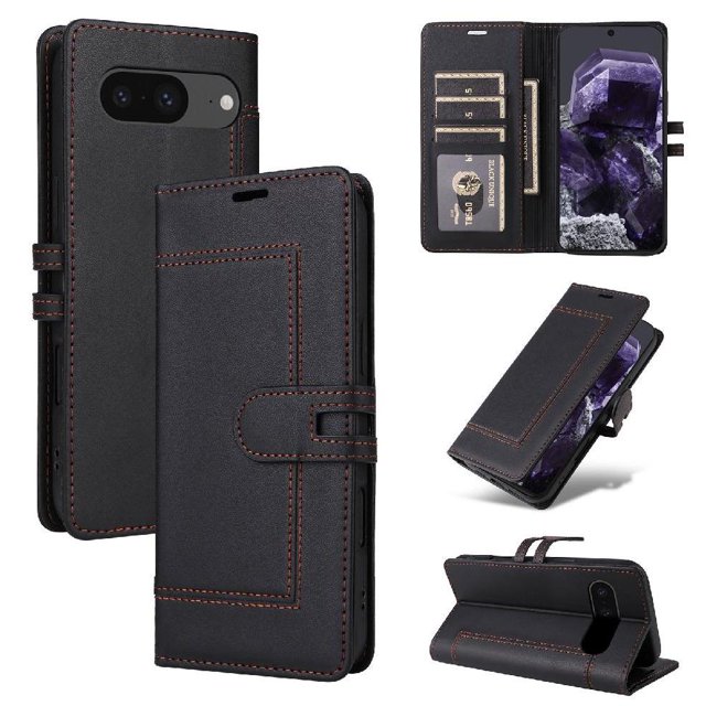 FOXDOCK Flip Case for Google Pixel 8 card slots RFID blocking Premium PU leather magnetic buckle closure kickstand