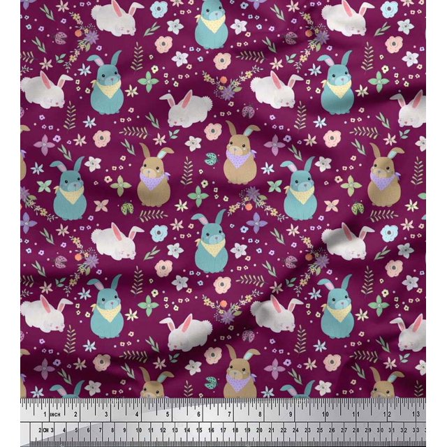 Soimoi Cotton Cambric Fabric Floral & Rabbit Kids Decor Fabric Printed Yard 42 Inch Wide