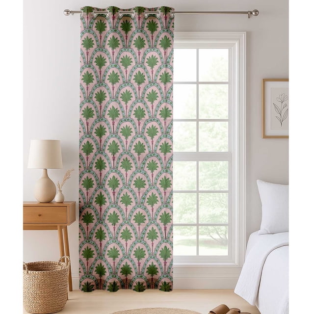 Vargottam Palm Tree Print Extra Long Sheer Curtains for Double Height Windows & Doors - Set of 2 Panels, 108", Grommet Top, Light Filtering Printed Georgette Drapes