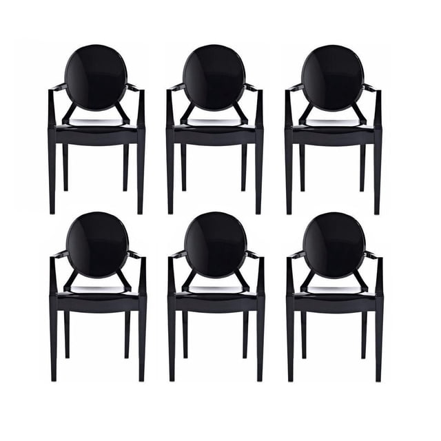 Heavenly Collection Plastic Arm Chair For Dining Area set of six black stackable armchairs with round King Louis style backs and straight legs, made of glossy waterproof polycarbonate, suitable for indoor and outdoor kitchen and dining seating.