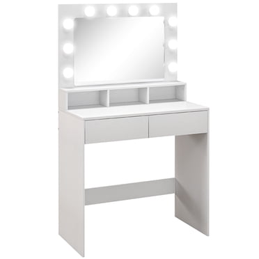 HOMCOM Vanity Table with LED Mirror, Makeup Desk with 2 Drawers, White