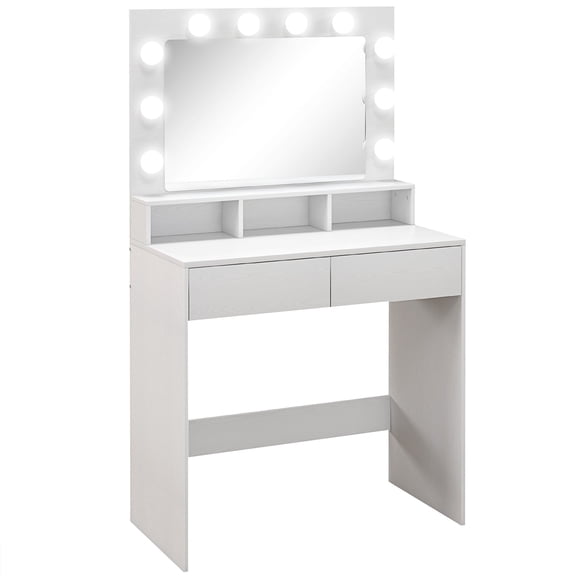 HOMCOM Coiffeuse avec Miroir à DEL, Bureau de Maquillage avec 2 Tiroirs, Blanc
