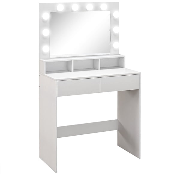 HOMCOM Coiffeuse avec Miroir à DEL, Bureau de Maquillage avec 2 Tiroirs, Blanc