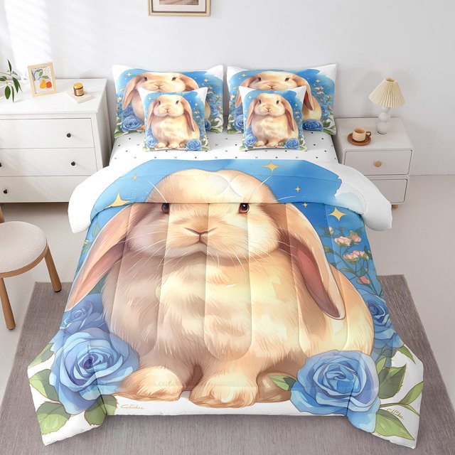 Lop-Eared Rabbit Bed in a Bag Queen Comforter Set 7 Piece,Red Rose Bedding Sets Romantic Flowers Bed Set,Cute Wild Animal Sheet Set with Comforter