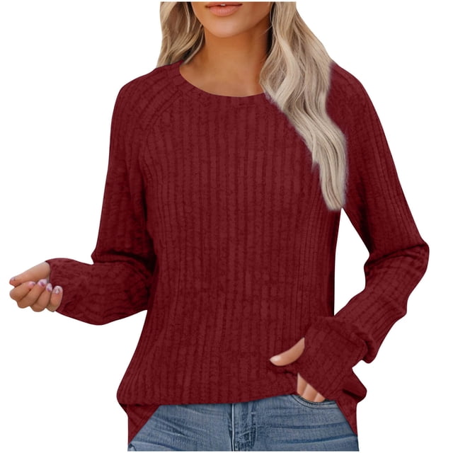 yoeyez Tunique en Tricot pour Femmes, Chandails à Manches Torsadées Patchwork, Col Ras du Cou Raglan, Chemises à Manches Longues, Hauts de Mode d'Automne 2024, Bordeaux L