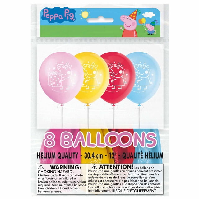 Peppa Pig Latex Balloons, 12in, 8ct package with pink, yellow, red, and blue balloons featuring white Peppa Pig holding a gift print, suitable for helium or air inflation, perfect for Peppa Pig themed birthday party decorations.