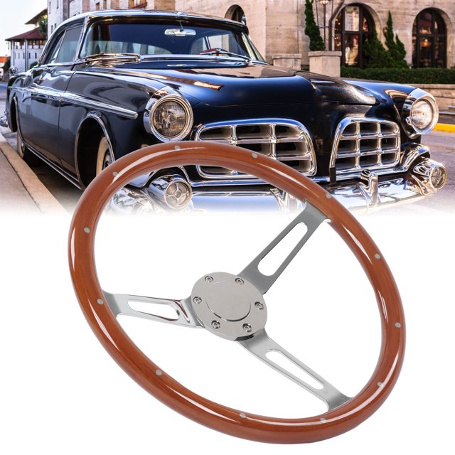 Classic Car Steering Wheel, 380mm 15in Classic Steering Wheel Assembly Walnut Grip 3 Spoke Riveted 6 Hole Universal