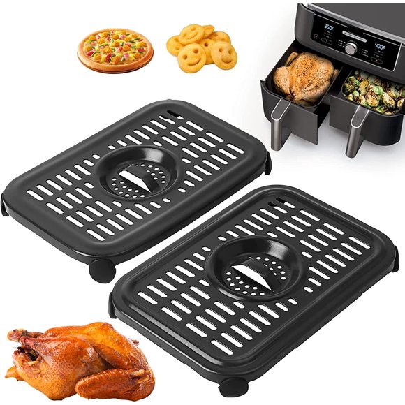 Air Fryer Grill Pan for Ninja Air Fryers, 2 Packs Replacement Air Fryer Crisper Plate Grill Plate Tray Accessories with Rubber Bumpers for Ninja Food