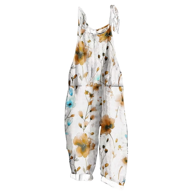 yoeyez Rompers for Women Plus Size,Womens Summer Printed Plus Size Romper Sleeveless Adjustable Straps Backless Jumpsuits With Pockets Yellow,M