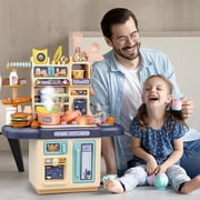 TOUMENY Kitchen Play Set, 32 Pcs Realistic Light Sound Kitchen Playset, Indoor Cooking Playset with Spray Water Function , Interactive Kitchen with Accessories, Dark Blue