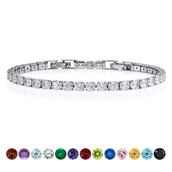 JeenMata Bracelet Tennis Pierre de Naissance 5,5 Carats Taille Ronde Avril - Zircon Cubique - Design Éternité - Placage Or Blanc, Femme, Adulte