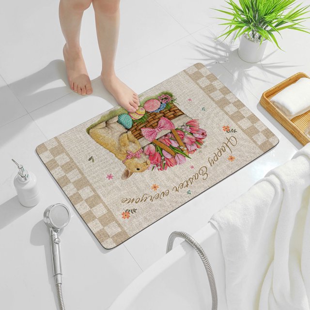TopLLC Easter Bathroom Rug, Happy Easter Linen 15.7"x23.6" Rabbit with Flowers Eggs Prints Floor Mat, Non-Slip Super Absorbent Entrance Doormat Quick Dry Decorative Carpet Spring Easter Decorations