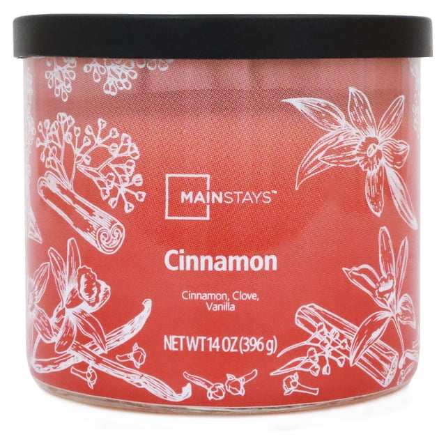 Mainstays 3-Wick Textured Wrapped Cinnamon Scented Candle, 14 oz, with a red textured wrap featuring white illustrations of cinnamon sticks, clove, and vanilla flowers, topped with a black lid, offering a consistent, fragrant burn suitable for home décor and relaxation.