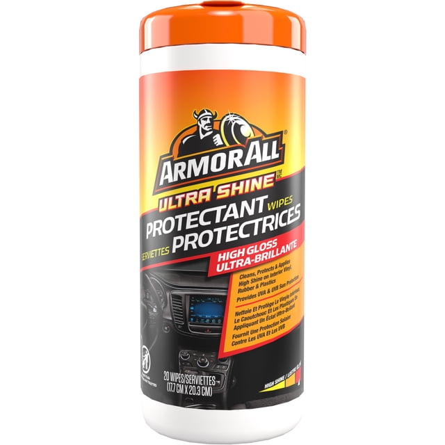 Armor All Ultra Shine Car Protectant Wipes container with an orange lid and label displaying branding and product details, designed for high gloss cleaning and protection of vinyl, rubber, and plastic surfaces inside vehicles, including dashboards and consoles, with 20 wipes measuring 17.7 cm by 20.3 cm.