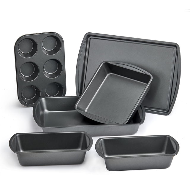 Mainstays 6 Piece Non-Stick Bakeware Sets in gray carbon steel, including a 6-cup muffin pan, square pan, cookie sheet, roasting pan, and two loaf pans with non-stick coating for easy food release and cleaning, ideal for baking breads, cookies, and desserts.