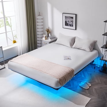Ktaxon Floating Bed Frame Full with USB Charging Station/LED Lights, 14'' Platform Bed Frame Heavy Duty Metal Bed Full Size for Kids Teens & Adults, No Box Spring Needed,Black
