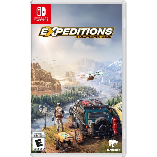 Expeditions : A MudRunner Game (Nintendo Switch) Couverture Montrant un Véhicule Tout-Terrain Robuste Équipé d'Équipement d'Expédition Stationné sur une Falaise Surplombant un Vaste Désert de Forêts, de Montagnes et de Ruines Anciennes, avec un drone Volant au-Dessus et une Personne en Équipement d'Expédition Se Tenant à Proximité, Mettant l'Accent sur les Expéditions Scientifiques et les Aventures Tout-Terrain.