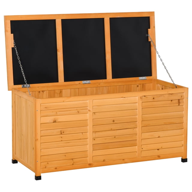 Outsunny Coffre de Terrasse en Bois, Contenant de Rangement Extérieur avec Espace d'Aération Jaune. Grand Coffre de Rangement de Terrasse en Bois de Sapin avec Peinture Résistante à l'Eau, Doté d'Un design à Lattes et d'Un Couvercle Ouvert Soutenu par des Chaînes en Métal. Convient pour Ranger des Outils, de l'Équipement de Jardin Ou pour Servir d'Établi de Jardin Ou de Siège. Dimensions : 50 Pouces de long, 22 Pouces de large et 23,6 Pouces de Haut.