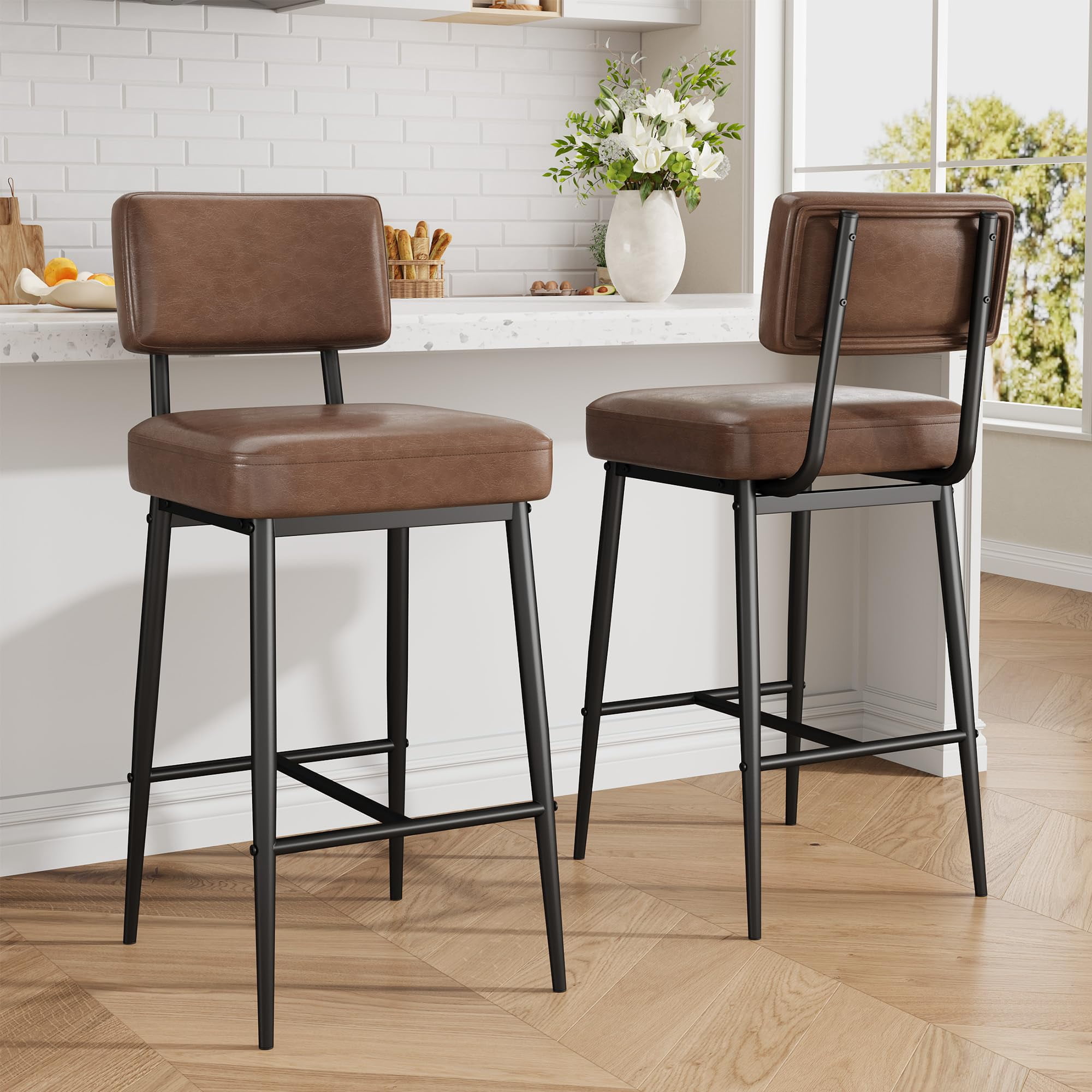 Set of 2 Counter Height Bar Stools, 26 Inch Faux Leather Upholstered Stool with Back & Metal Legs, Modern Barstool Set for Kitchen Island, Bar, Dining, Brown