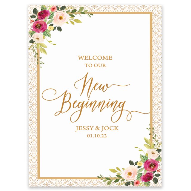 Darling Souvenir MADE WITH LOVE Personalized WelcomeSign/Banner,WelcomeTo Our New Beginning Custom Watercolor Flower With Border Wedding, Engagement PartySign- 18x12