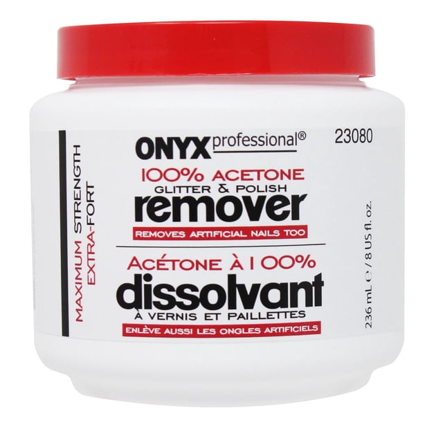 Pot d'Acéton Pur de 8 oz à Force Maximale par Onyx Professional, Pot en Plastique Blanc avec Couvercle Rouge, Étiqueté 100 % Pailleté à l'Acéton et Dissolvant de Vernis pour le Soin des Ongles, Enlève les Ongles Artificiels, Capacité de 236 ml (8 US fl. oz.)