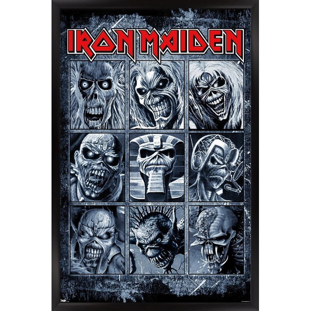 Iron Maiden - Grid Wall Poster, 22.375" x 34" framed, displaying nine black and white panels of the band's mascot Eddie in various horror and fantasy styles beneath the red Iron Maiden logo on a textured dark background, suitable for wall art in music-themed rooms or home décor.