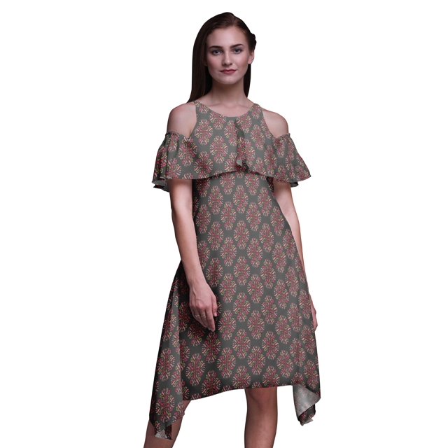 Bimba Damask Printed Womens Cold Shoulder Tunic Party Round Neck Shift Dress-Large