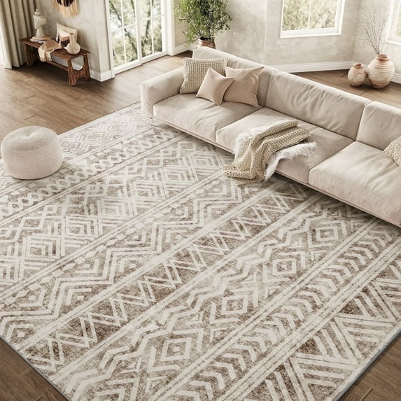 SIXHOME 9'x12' Area Rugs for Living Room Washable Rugs Boho Large Area Rug Modern Geometric Neutral Carpet and Area Rugs for Home Decor Foldable Nonslip Bedroom Rugs Dark Brown