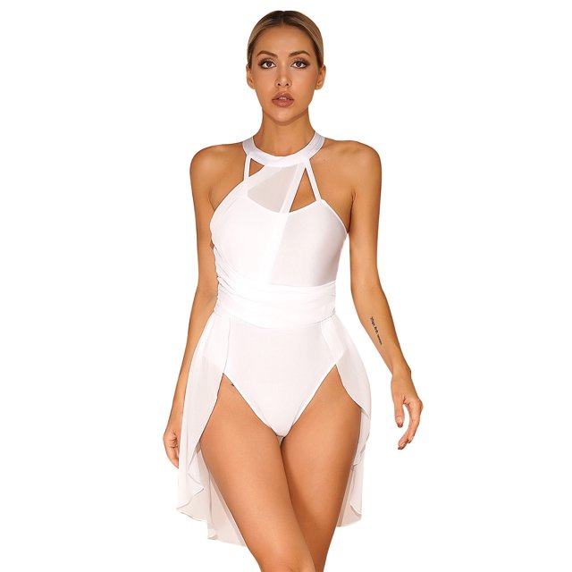 Aislor Robe de Danse Lyrique Sans Manches à Blocs de Couleur Jupe en Chiffon Justaucorps Robe de Danse Contemporaine Blanche m