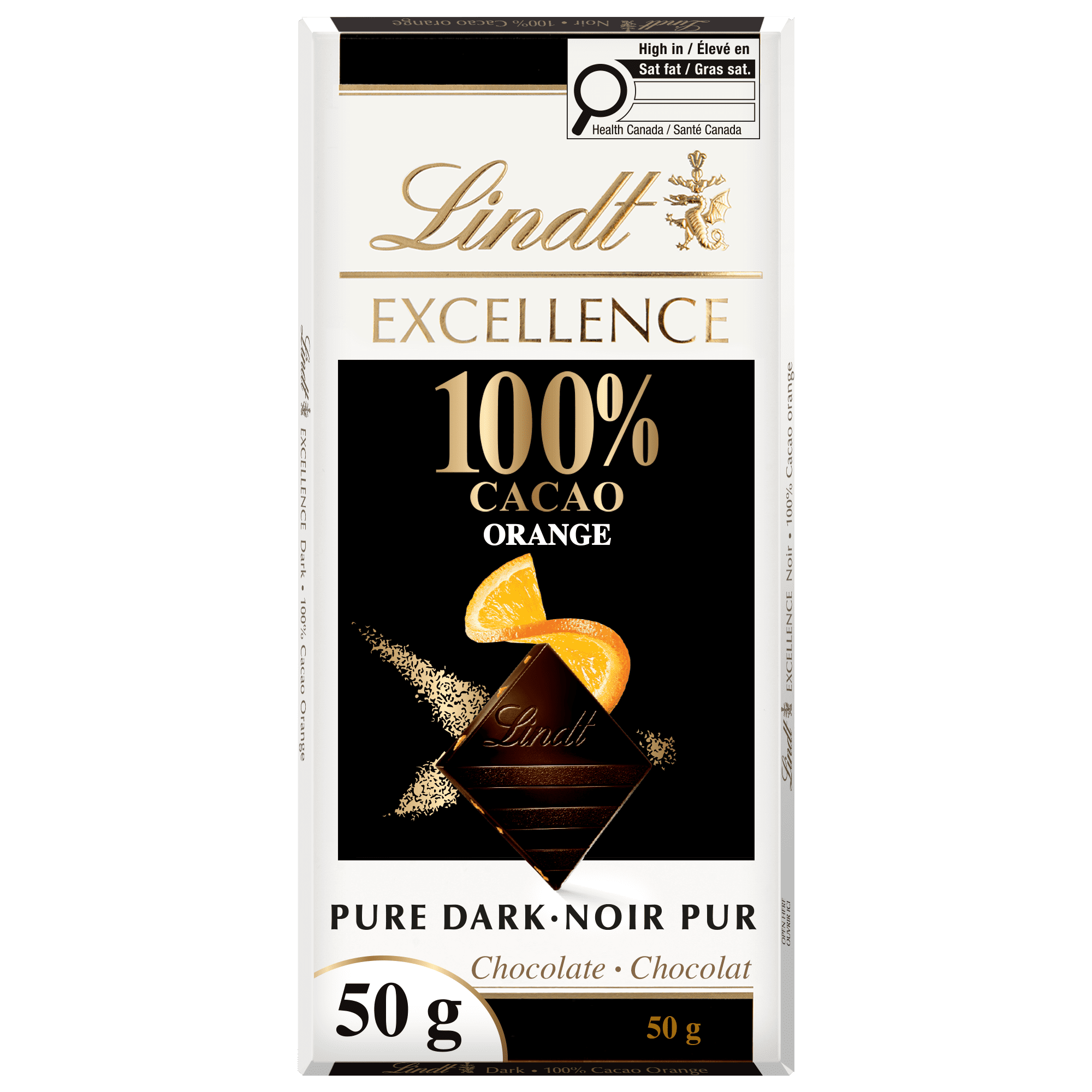 Lindt EXCELLENCE 100% Cacao Orange Dark Chocolate Bar, 50 Grams