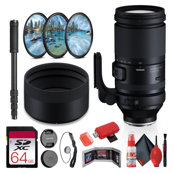 Tamron 150-500mm f/5-6.7 Di III VC VXD Telephoto Zoom Lens for Sony E | Full-Frame, Image Stabilization, VXD Autofocus, Wildlife & Sports + 64GB Memory Card + Filter Kit + Monopod + Card Reader