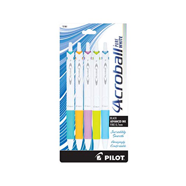 Pilot Acroball PureWhite Retractable Advanced Ink Ball Point Pens, Fine Point, Black Ink, Turquoise/Orange/Purple/Lime/Blue Accents, 5-Pack (31861)