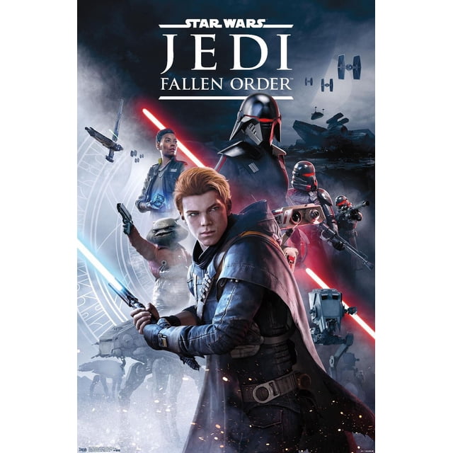 Star Wars Jedi Fallen Order poster featuring a central character in a dark cloak holding a blue lightsaber, accompanied by a small alien companion, a figure with a red lightsaber, armored Imperial soldiers, and droids, with starships and a dark cloudy sky in the background.