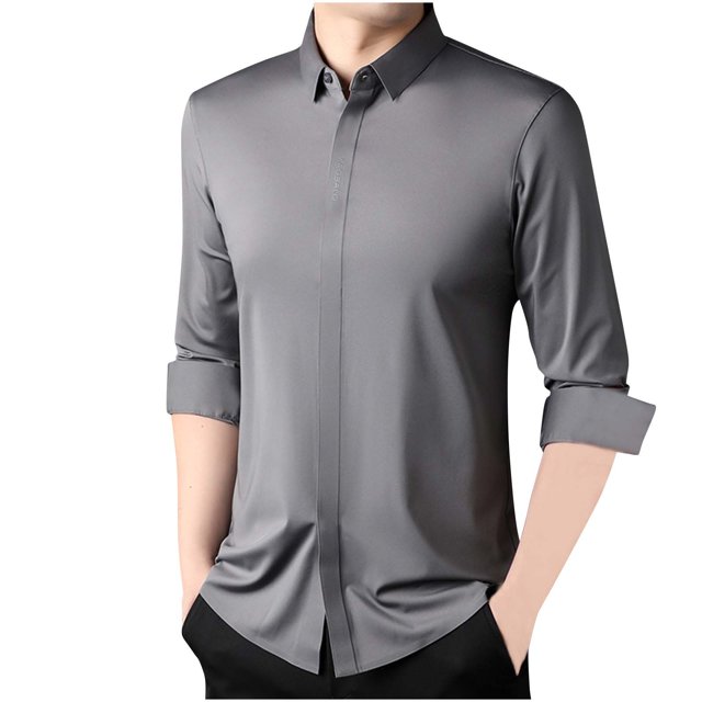 LNWUY Chemises à Manches Longues pour Hommes Séchage Rapide Chemise de Performance Printemps Automne Couleur Unie Rembourrée Chaude Confortable Chemises à Col Rabattable Gris TTG