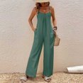 thumbnail image 1 of Maqroz Wide Leg Jumpsuits for Women Dressy Plus Size Adjustable Spaghetti Strap Pleated V Neck Button Down Rompers Jumpsuits Spring Summer Casual Loose Bib Overalls Palazzo Pants with Pockets Green S, 1 of 4